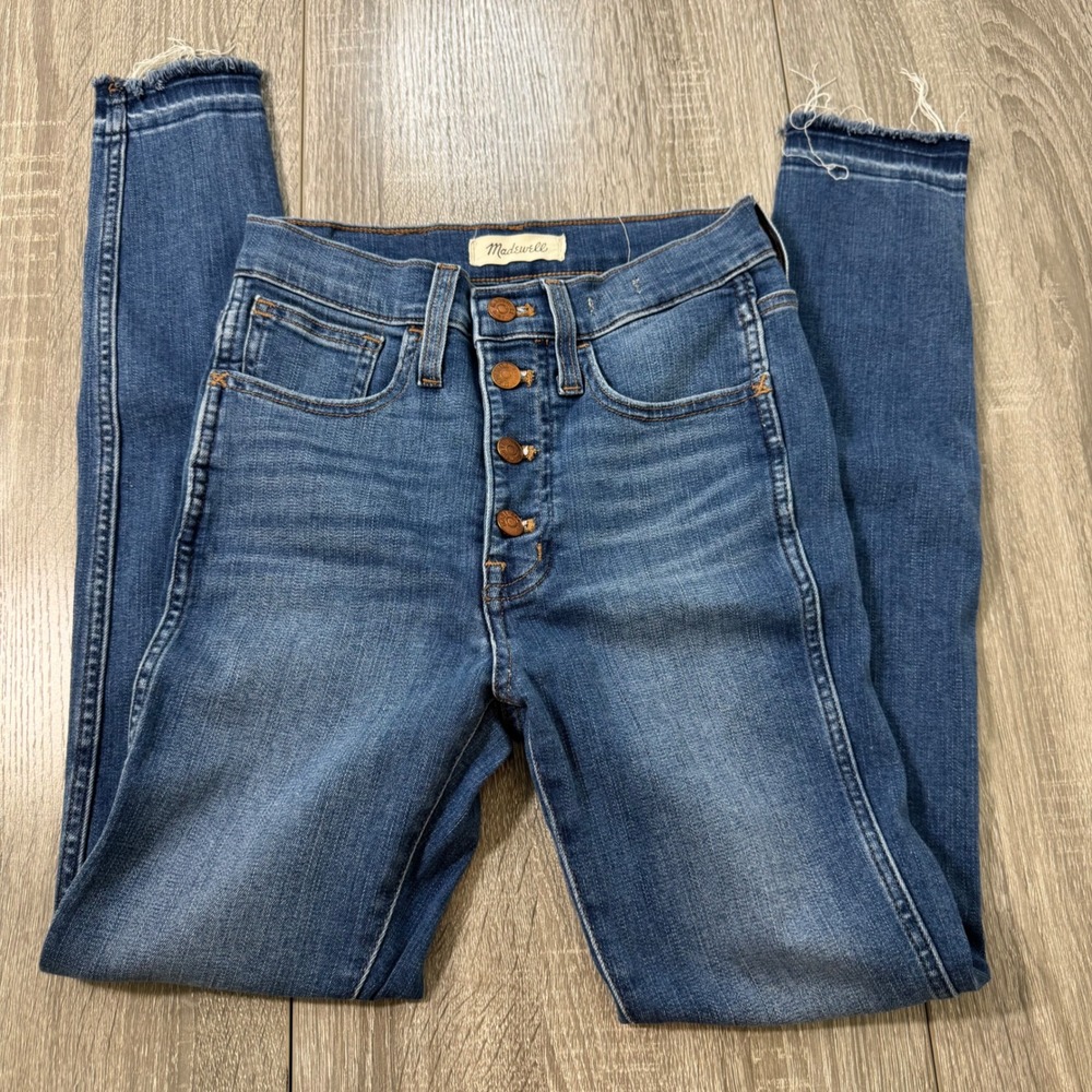 Madewell 10 High-Rise Skinny Jeans Button Fly Raw Hem Blue Denim size 25